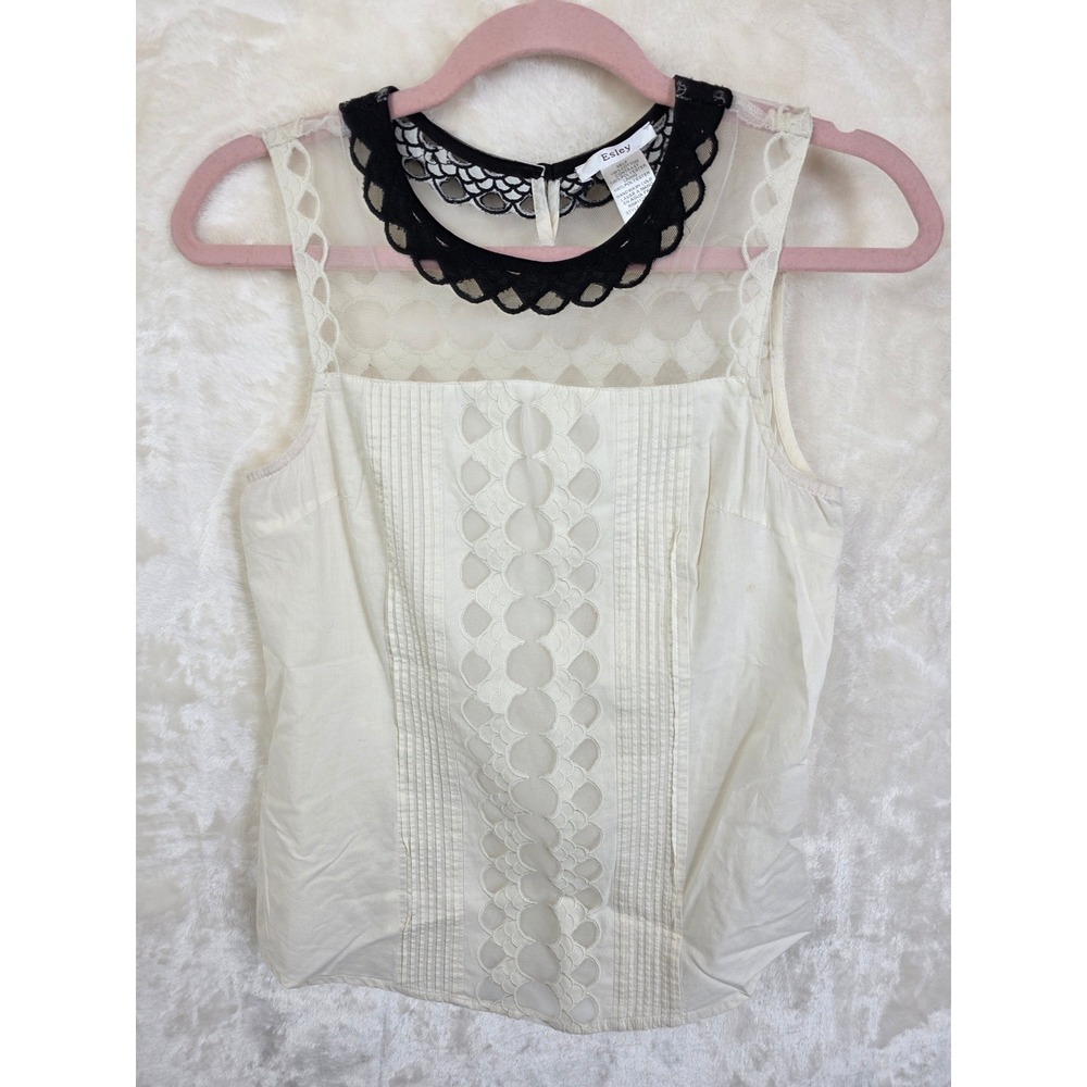 Esley White Cotton Sleeveless Blouse Black Lace Collar Mesh Yoke 2864T-K